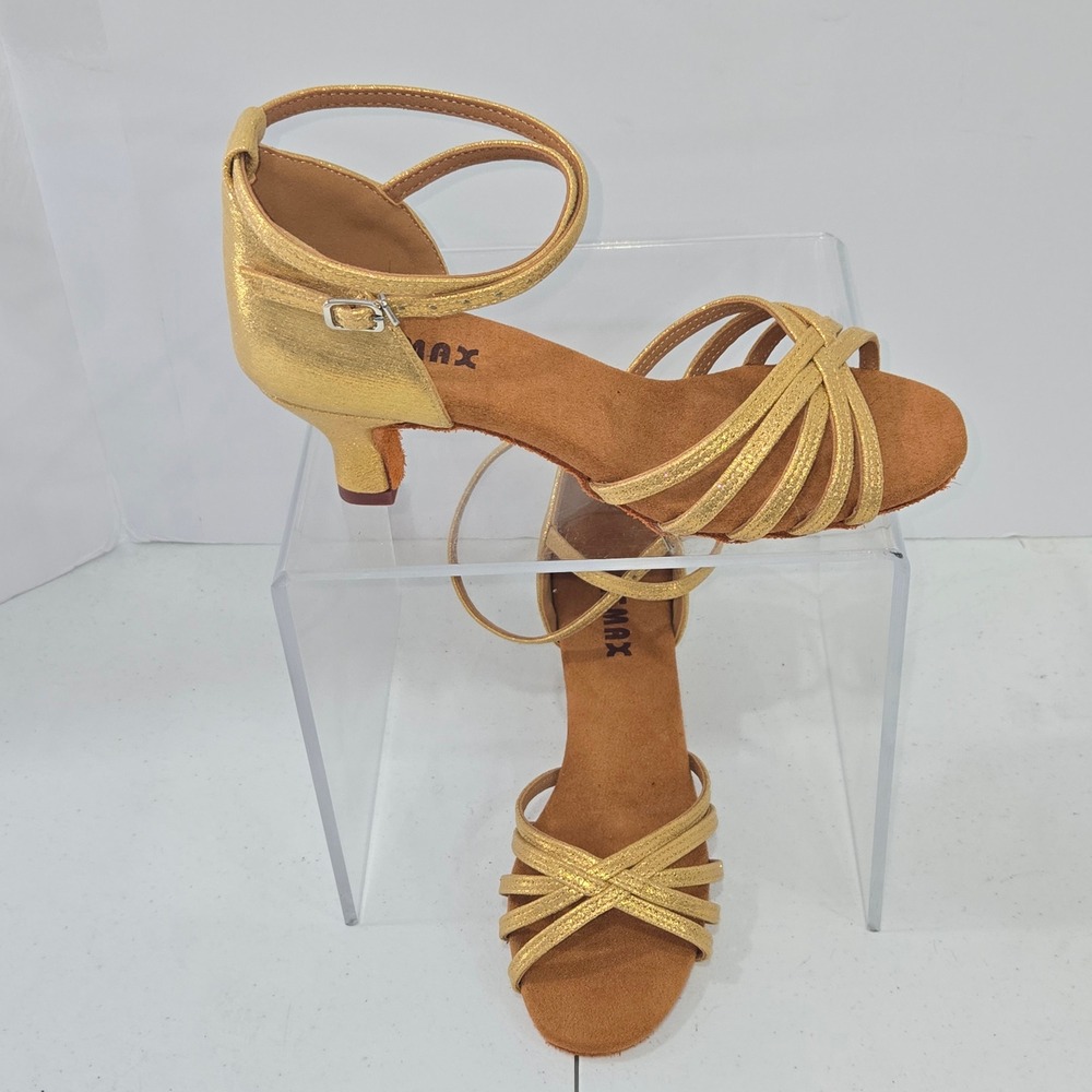 MSMAX Gold Glitter Ballroom Latin Dance Shoes Strappy Low Heel EU 40 US 9 AC790